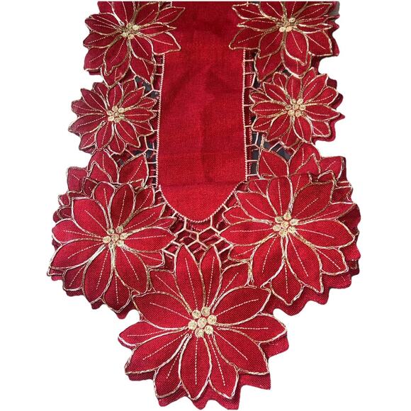 Rachel Ashwell Lined Red Christmas Table Runner Gold Embroidery - Picture 1 of 5